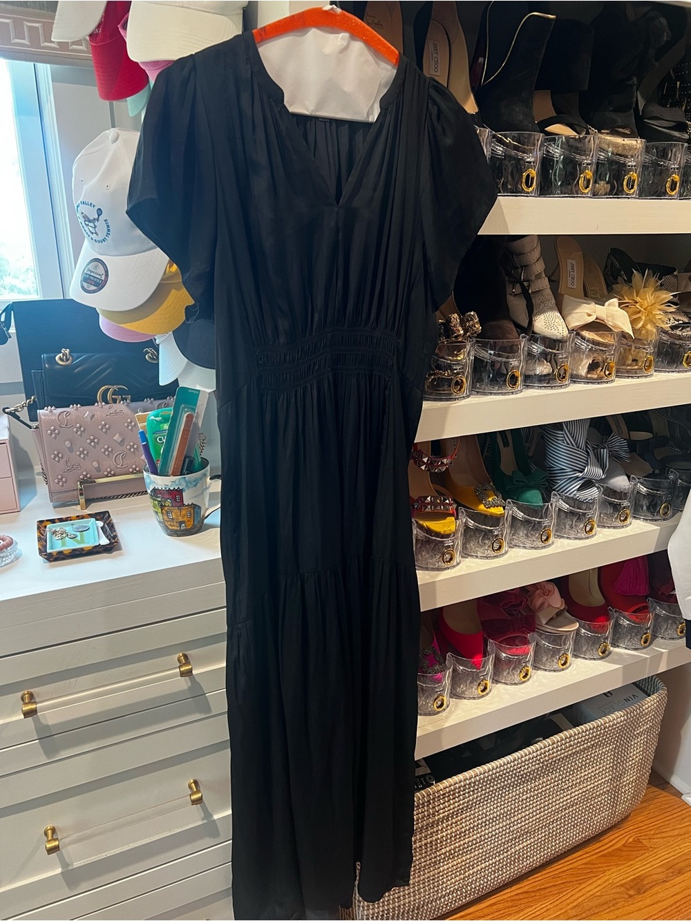 Grace & Gather Black Midi Maxi Dress Size M Tiered Short Sleeve